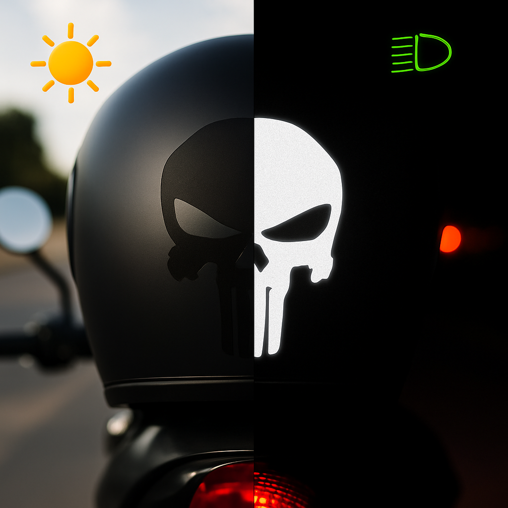 2 Stickers Rétro-Réfléchissants Punisher – Casque Moto, Vélo, Voiture – Gris Métallisé Classe 1