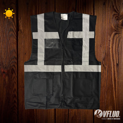 Gilet réfléchissant multifonction V-Safety Vest – Noir avec logo VFLUO